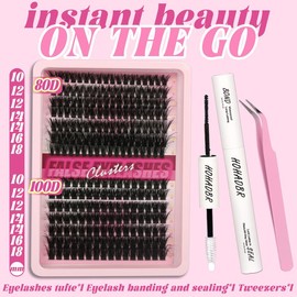 HOHADBR  Lash Clusters Wispy Lash Extension 60D+80D+100D Thick Volume Individual Lashes 10-18mm Cluster Lashes D Curl Cluster Eyelash Extensions  Lash by Self with Bond and Seal Lash Tweezers:_80D+100D