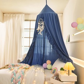 ZIQINPSQ Bed Canopy for Girls with Ruffled,Princess Round Dome Children Dreamy Mosquito Net Girls Room Decor Castle Play Tent,Children Reading Nook Canopies (Blue)
