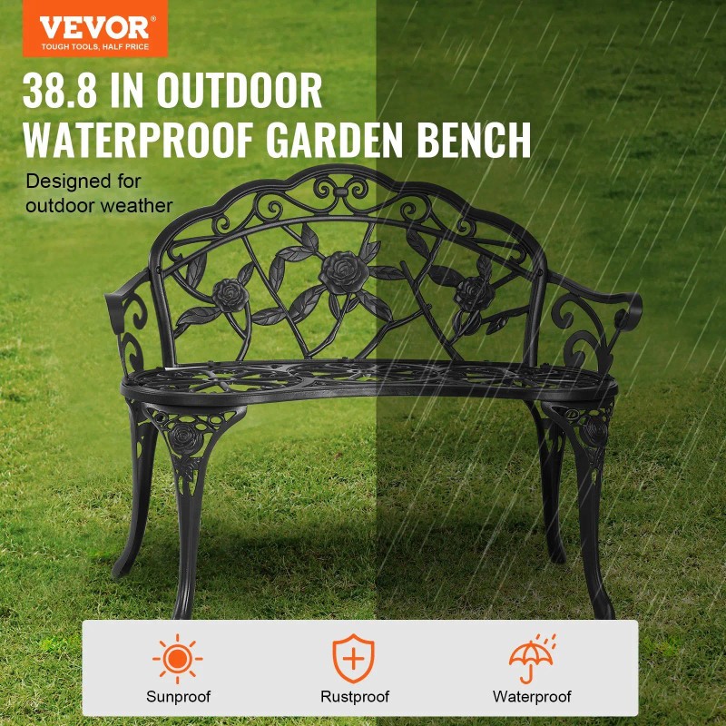 Metal Garden Bench 38.8 Inches With Backrest Armrests Traditional Style