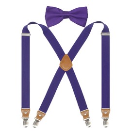 Doloise Suspenders Men&Women Bowtie Set X Back Suspender For Wedding&Formal Events with 1 Inch Wide Elastic Braces (Purple)