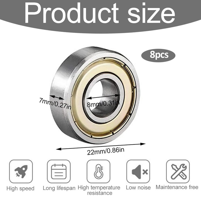 8 Pezzi Cuscinetti a Sfere 608ZZ in Metallo, per Skateboard,
