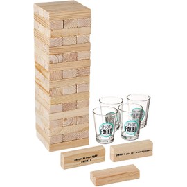 Game Night Tipsy Tower Glass Drinking Game Set w/Wooden Blocks & 4 Lead-Free Shots-Ideal Gift for Birthdays, Father's Day & More, 1 Count (Pack of 1), Brown