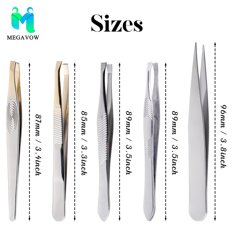 MEGAVOW 5 Pcs Tweezers for Facial Hair Remover, Professional Stainless