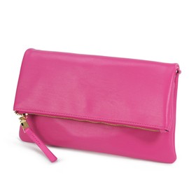 Women's Zipper Foldover Clutch Vegan Leather Envelope Cross body Bag with Chain Strap (Hot Pink)