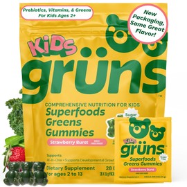 Grüns Kids Multivitamin Gummies – Super Greens Blend with 20+ Vitamins, Minerals, Prebiotics & Adaptogens, Nutritional Support Supplement, 28 ct