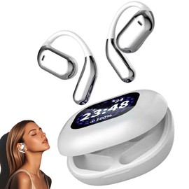 Open Bluetooth Headphones, Ear Hook LED Colour Screen Headphones, Active Noise Cancelling, Durable Sports Headphones, 3 Sound Effect Modes, for Mobile Phones, Tablets, Laptops, Android, iOS (Silver)