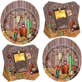 100Pcs Western Cowboy Party Supplies 7"Wild West Cowboy Plates Cowboy Napkins for Baby Shower Camp Fire Camping Barn Wild West Cowboy Birthday Party Decor Serve50