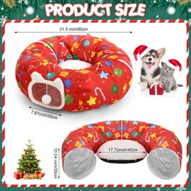 Cinnvoice 2.62ft x 2.62ft x 10.24in Christmas Cat Tunnel Bed Under Christmas Tree for Indoor Cat, Xmas Red Cute Pet Donut Tunnel with Washable Circle Cushion, Foldable Toy for Kitten(Ball)