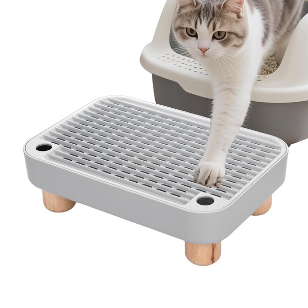 Litter Box Step with Wooden Base, Elevated Cat Ramp for