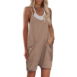 Yanekop Womens Loose Overalls V Neck Sleeveless Romper Spaghetti Strap Harem Short Pants Jumpsuits(Khaki 1,M)