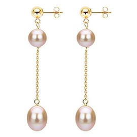 14K Yellow Gold Double Pearl Pink Freshwater Cultured Pearl Stud Dangle Earrings