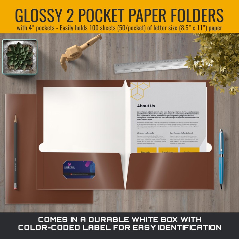 Better Office Products 2 Pocket Glossy Laminated Brown Paper Folders,