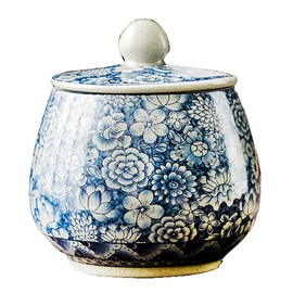 Bicuzat Vintage White and Blue Ceramic Animal Pattern Portable Tea Caddy Tea Canister Tea Storage Container Tins Jar with Airtight Lid for Tea, Coffee, Herb, Sugar, Spice, Nuts, 9 OZ