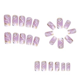 Gradient Press on Nails Medium Square Shell Pattern Gold Foil Lines False Nails with Design 24Pcs Artificial Acrylic Nails Full Cover Glossy Reusable Coffin Fake Nails Marbling Glue on Nails for Women