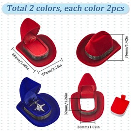 SUNNYCLUE 4Pcs 2 Colors Hat Ring Box Velvet Ring Boxes Vintage Retro Western Cowboy Cowgirl Dark Red Blue Creative Ring Jewelry Display Holder for Wedding Ceremony Engagement Ring Necklace Storage