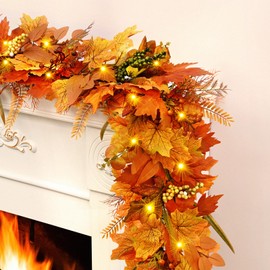 Fall Decorations for Home, 2 Pack Fall Garland for Mantle, 11.8Ft Fall Leaves Garland with Lights, Lifelike Berries Ferns & Vibrant Maple Leaves for Home Table Party Outdoor Thanksgiving Decor