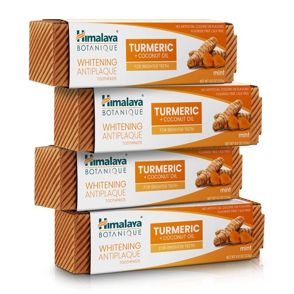 Himalaya Botanique Turmeric & Coconut Oil Whitening Antiplaque Herbal Toothpaste, Whitens Teeth, Fluoride Free, No Artificial Flavors, SLS Free, Vegan, Cruelty Free, Foaming, Mint Flavor, 4 Oz, 4 Pack