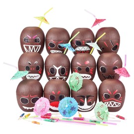 Haundry 24 Pack Coconut Cups with Straws Cocktail Picks and 24 Stickers, DIY Hawaiian Cups Tropical Luau Tiki and Beach Party Decoration for Kids and Adults