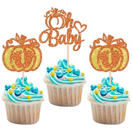 24 piezas de decoración de calabaza, oh para bebé, diseño de corazón con purpurina, pies de bebé, calabaza, magdalenas, para decoración de pasteles, cumpleaños, fiestas, Acción de Gracias, color naranja