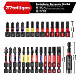GEINXURN 27-Piece Screwdriver Bit Set 25 mm 50 mm (Phillips/Pozidriv/Torx/Hex/Slotted), PH2 PZ2 T20 Impact Resistant Screwdriver Bit Set Magnetic 1/4 Inch Hex Shank S2 Alloy Steel, Ultra Colour Code