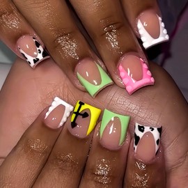 Square Press on Nails Short Fake Nails with Spots Direction Designs White French Tip Nails Press ons Glossy Glue on Nails Green Acrylic Nails Yellow False Nails Pink Stick on Nails for Women 24Pcs