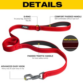 Fida 5 FT Heavy Duty Dog Leash with 2 Comfortable Padded Handles, Traffic Handle & Advanced Easy Snap Hook, Reflective Walking Lead for Large, Medium & Small Breed Dogs, Red