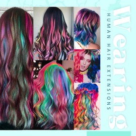 RUNATURE Real Hair Clip-In Extensions, Colourful Clip-In Extensions, Real Hair Clip-In Extensions, Remy, 50 cm, 25 g, 20 Inches