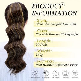 HSLHDI Claw Clip Ponytail Extension,20 Inch Chocolate Brown Curly Wavy Ponytail Claw Clip in Hair Extension for Women Fluffy Natural Looking Synthetic Hairpiece for Daily Use(20 Inch,Chocolate Brown)