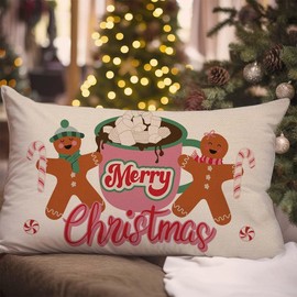 HERHOME Merry Christmas Pillow Cover 12x20 Inch Gingerbread Man Hot Cococa Pink Christmas Decorations Outdoor Winter Holiday Xmas Decorative Lumbar Throw Pillow Case for Party Sofa Couch Home Decor