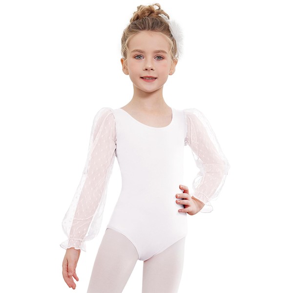 Zaclotre Gymnastics Leotards for Girls Polka Dots Mesh Long Sleeve