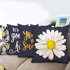 Hexagram Yellow and Blue Decorative Pillow Covers 18 x 18 Daisy Sunflower Yellow Throw Pillow Cover Set of 4 for Couch Living Room Sofa Patio Outdoor You are My Sunshine Yellow Dark Blue Home Decor