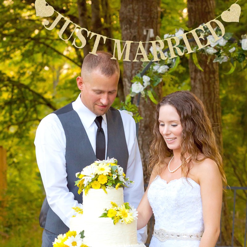 Just Married Banner Decorations Gold, Just Married Bunting Garland Glitter