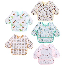 TIDEVAN Pack of 5 Baby Bibs with Sleeves, Sleeve Bibs with Large Pocket, Waterproof Children's Bibs, for Toddlers, Baby Bibs with Sleeves for 6-36 Months, Children for Food, Crafts, Painting, Art,