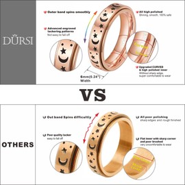 DURSI Moon Star Spinner Fidget Ring for Anxiety Women Men Worry Rings for Girls Boys Kids Stainless Steel Engagement Wedding Promise Band (Rose Gold, Size 12)