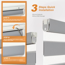 Persilux No Drill No Tool Zebra Blinds Dual Layer Privacy for Day and Night Window Blinds Light Filtering Cordless Shades for Windows,Easy to Install Thermal Insulated,Light Grey,12" W x 36" H