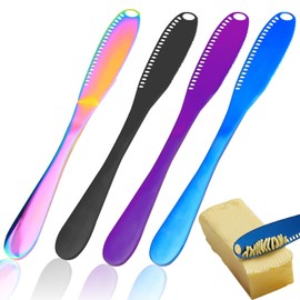 Sekonow 4 Colors Stainless Steel Butter Knife Spreader, 3 in 1 Butter Spreader, Butter Knives for Butter Cutter Grater, Butter Slicer Curler with Holes and Serrated Edge