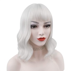 Winrase Colorful Mid-length Wigs Women Girls 14" Wavy Curly Wigs with Air Bangs Included Wig Cap (Silver White)