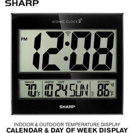 Sharp Atomic Clock – Never Needs Setting, Jumbo 3” Easy-Read Display, Indoor & Outdoor Temperature with Wireless Sensor, Large Digital Wall or Desk Clock, Battery Operated, Auto Atomic Time Sync