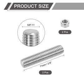 sourcing map 5/8"-11 Fully All Threaded Rod, 2Pcs 304 Stainless Steel Long Threaded Screw 2.8" Length Right Hand Threads for Furniture Mounting Assembly Fastening