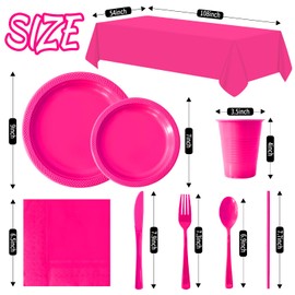 Disposable Plastic Dinnerware Set-968PCS Plastic Plates Set Includes 120 Of Each Dinner ＆ Dessert Plates, Cups, traws, Spoons, Forks & Knives for Party (Hot Pink, 968PCS（120 Guests）)