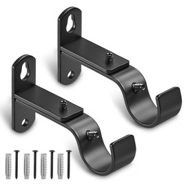 AMZSEVEN Adjustable Curtain Rod Brackets, Metal Window Drapery Rod Hanger Holders Hooks for 1 inch Rods (Black, Set of 2)