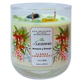 Lucernis Vela Aromática de Soya (Lucernis Vela Aromática de Soya con Cuarzos de Aventurina, Ágata Azul y Ágata Amarilla – Armonía y Energía – Aroma Flores Hawainas)