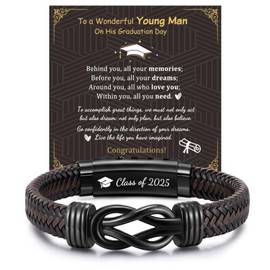 Infinity Knot Bracelet for Men, Brown Braided Leather Stainless Steel Mens Bracelet, Anniversary Birthday Graduation Gifts Engraved with Love You Forever 19-21CM