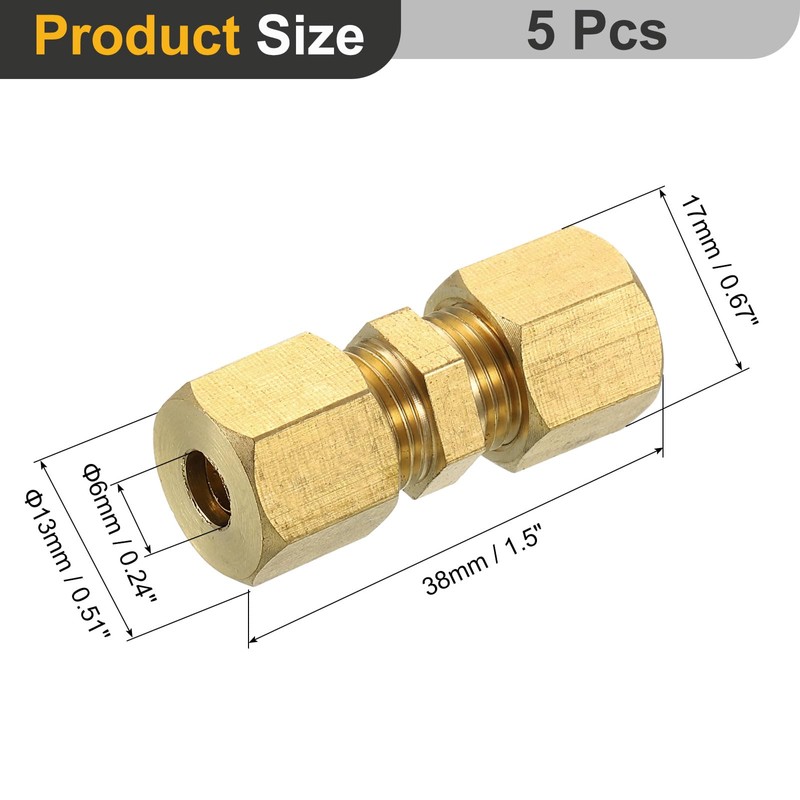 uxcell 5Pcs Brass Compression Tube Fitting, 6mm Tube OD Connector,