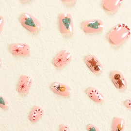 Christmas Press on Nails Short Round Winter Fake Nails Full Cover Pink Candy Cane Xmas Tree False Nails with Designs Gingerbread Glossy Glue on Nails Cute Acrylic Artificial Nails for Women Girls