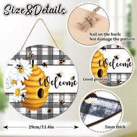Whaline Bee Welcome Sign Wooden Hanging Sign Front Door Decor Rustic Plaids Daisy Welcome Wood Sign for Spring Summer World Bee Day Home Office Coffee Shop Farmhouse Window
