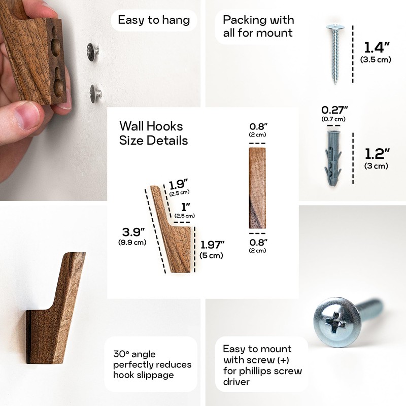 THEHRDWOOD Wood Wall Hooks - Set of 4 - Dark