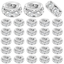 40pcs 12mm Large Hole Rhinestone European Beads, Crystal Rondelle Spacer Beads Round Loose Beads for Snake Chain Bracelet DIY Jewelry Making, Hole: 8mm