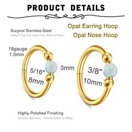 MODRSA 18g Opal Nose Ring Opal Nose Hoop Clicker Gold Nose Ring Hoop for Women Cartilage Hoop Earring Cartilage Hoop Helix Hoop Earring Opal White Daith Earring Hoop 10mm Hinged Nose Ring