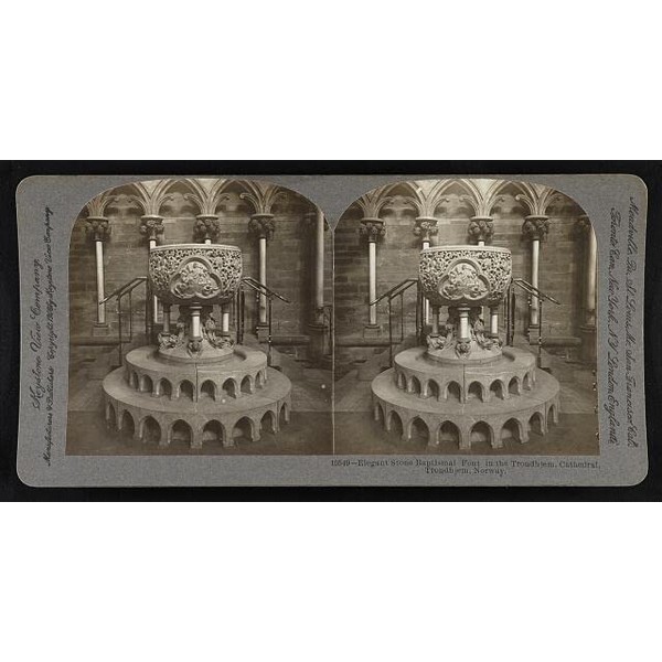 HistoricalFindings Photo: Elegant Stone baptismal Font,Trondhjem Cathedral, Trondhjem, Norway,1906